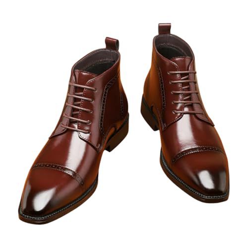Santimon Men's Leather Lace-Up Dress Oxford Boots Cap-Toe Glossy Formal Ankle Boot Wine Red