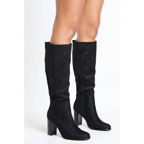 Boohoo Women's Faux Suede Knee High Block Heeled Boots in Black