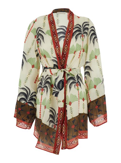 Short Kimono - Kaftan With Multicolor Motifs Silk And Cotton Women Beachwear - Women