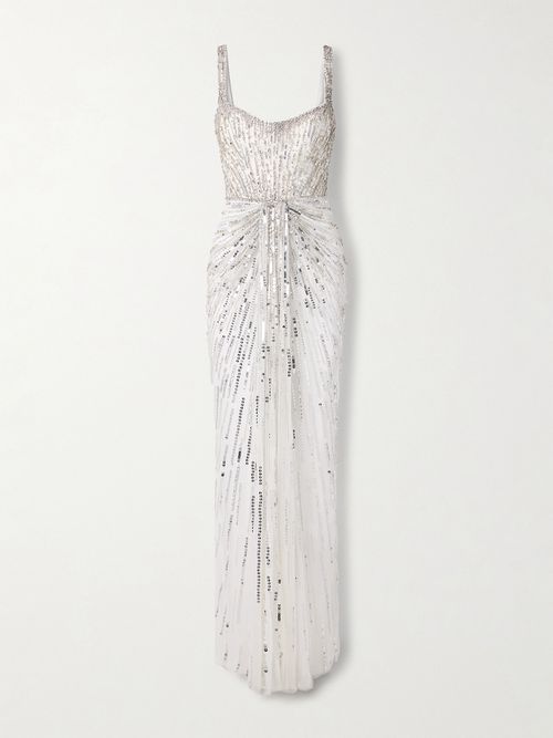Chrissy Draped Embellished Tulle Gown - Off-white