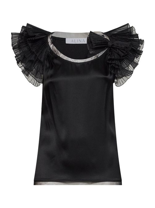 Silk-Blend Satin with Pleated Georgette Ruffles Blouse — Black