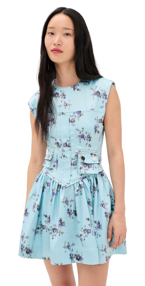 Printed Double Satin Corset Mini Dress Iced Aqua