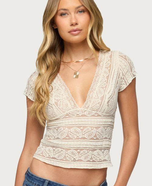 Women's Avalee Sheer Lace V Neck Top - Cream