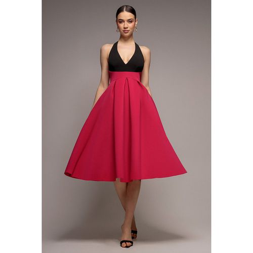 Goddiva Contrast Halter Neck Pleated A-Line Midaxi Dress - Black Magenta
