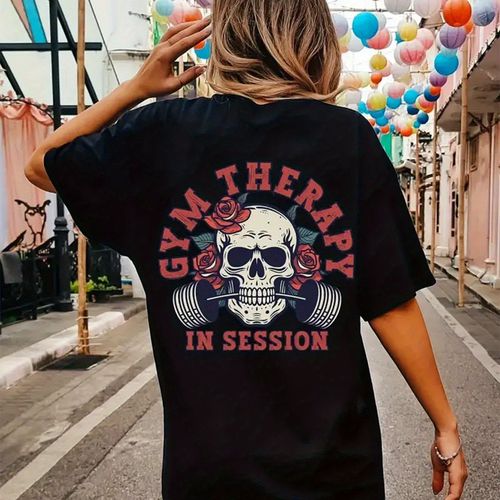 TEMU Women's Casual Short-sleeve T-shirt With " In " Skull & Rose Tattoo Design - Fitness Enthusiasts, Wear, Ideal Gift For Birthdays & Holiday