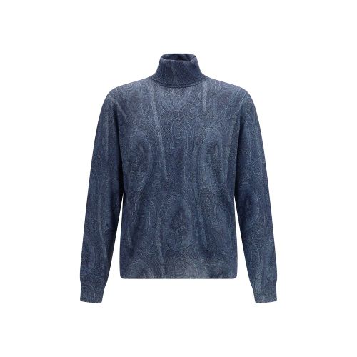 Paisley Cashmere-Silk Turtleneck Sweater — Blue