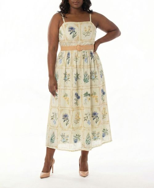 Plus Size Square Neck Belted Midi Dress - Honeydew/cornflower