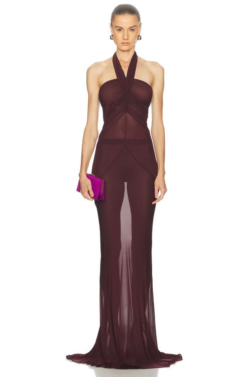 Atlein Halter Neck Ruched Gown in Burgundy - Burgundy. 40 also
