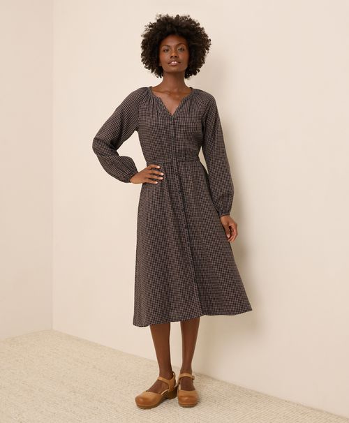 Women's Autumn Gingham Coastal Double Gauze Poet Sleeve Dre