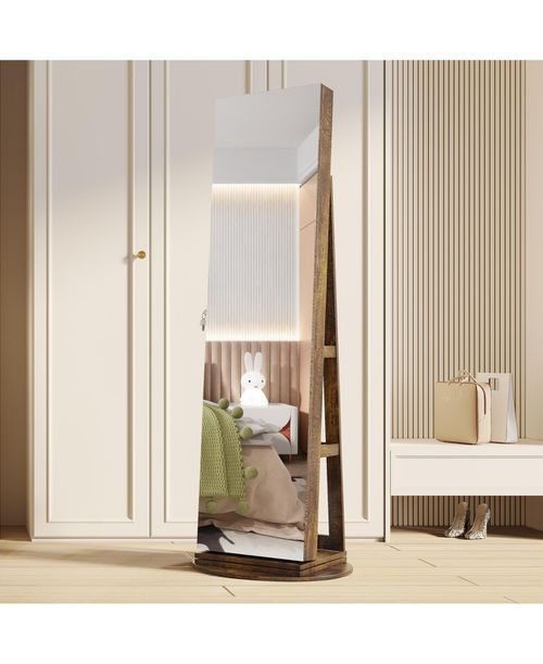 360° Swivel Free-Standing Jewelry Armoire Cabinet with Mirror - Brown