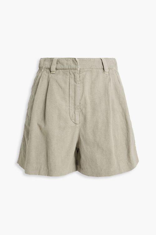 Pleated cotton and linen-blend shorts - Green - IT 42