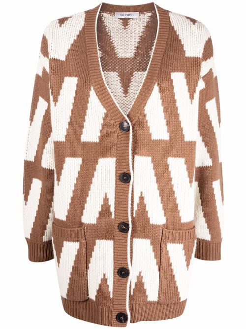 Valentino Garavani logo-intarsia virgin wool cardigan - Brown