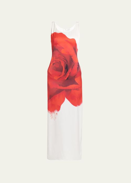 Long Bleeding Rose Print Silk Dress