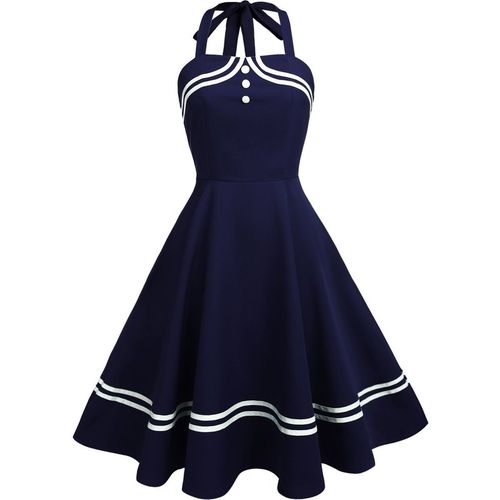 Retro Stage Sailor Style Halter Swing Dress Navy Blue
