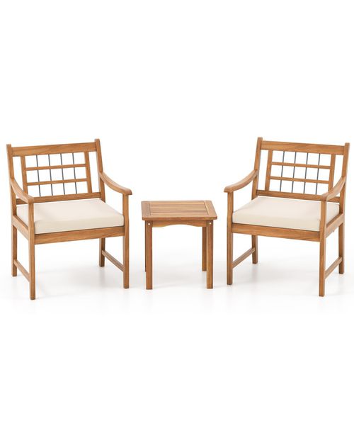 3 Piece Wood Patio Furniture Set with Seat Cushions and Acacia Wood Frame - White