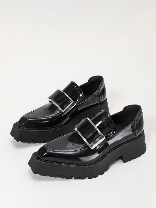 Women's Black Loafers Metal Details Platform Slip On Loafer Shoe