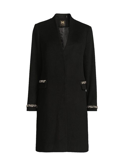 Women's Collarless Jewel Trim Maxi Coat - Black