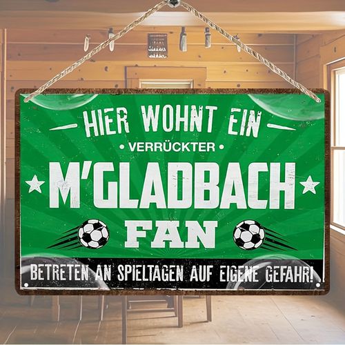 TEMU Vintage 2d Flat Metal Sign - 8x12 Inch | Green Metal Plaque With Soccer Theme - " Wohnt Ein Verrückter M' Fan" - Bedroom, Living Room, Dining