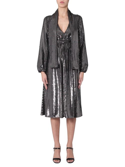Silver Embellished V Neck Midi Dress