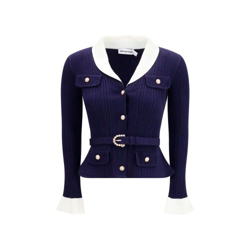 Ribbed Knit with Contrast Collar Cardigan — Navy