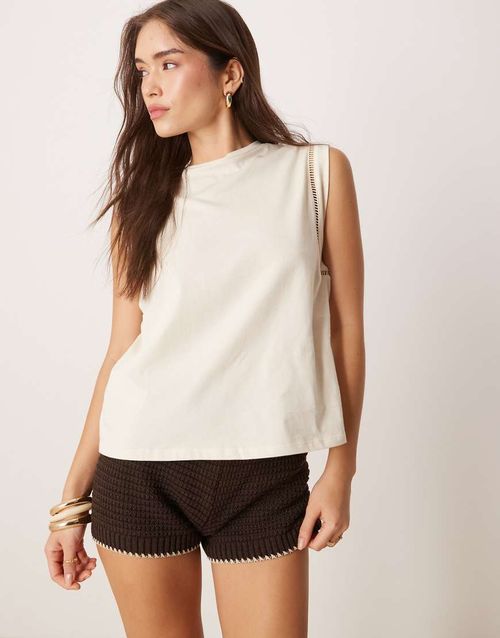 Mango loose fit t-shirt with cut out trim detail in beige-Neutral