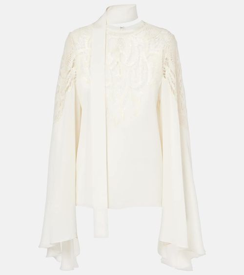 Lace-trimmed tie-neck georgette blouse