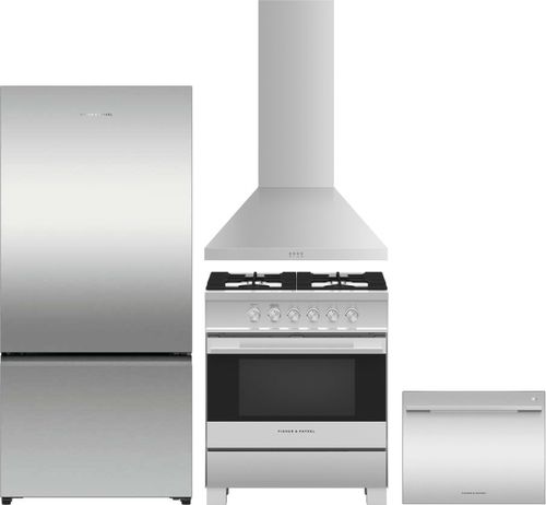 Fisher & Paykel 4 Piece Kitchen Appliances Package with Bottom Freezer Refrigerator, Gas Range and Dishwasher in Stainless Steel FPRERADWRH