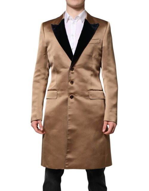 Silk Trench with Velvet Collar Coat — Brown