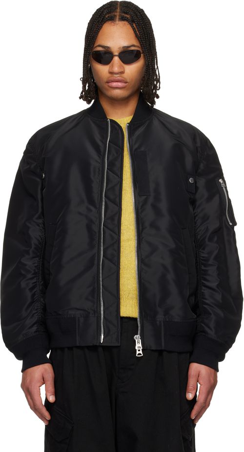 Black Nylon Twill Blouson Bomber Jacket