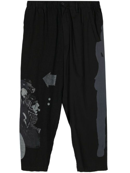 Elasticated-waist printed trousers - Black