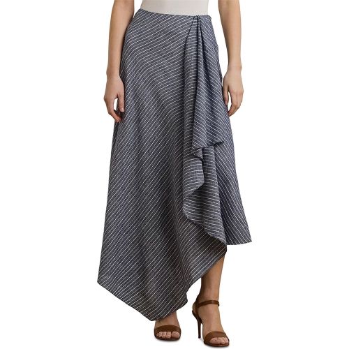 Blue and White Striped Linen A-Line Midi Skirt