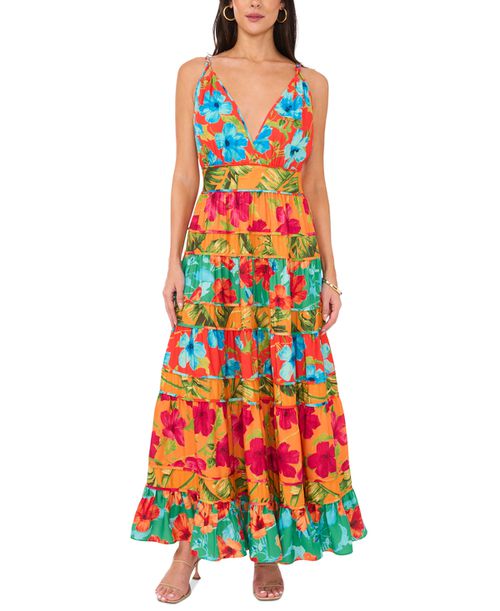 Women's Floral-Print Tiered Deep V-Neck Dress - Tiger Lily