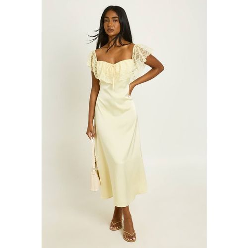 Boohoo Women's Lace Bardot Satin Midaxi Dress in Lemon