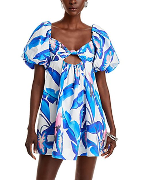 Blue Foliage Puffed Sleeve Mini Dress