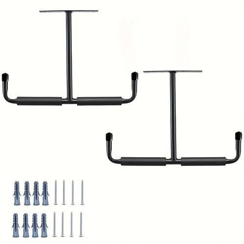 TEMU 2pcs Black Metal Garage Ceiling Hooks, Fishing Rod, Bicycle Rack, Kayak Skateboard, Iron Wall Hanging Display Shelf - , Suitable For Garage