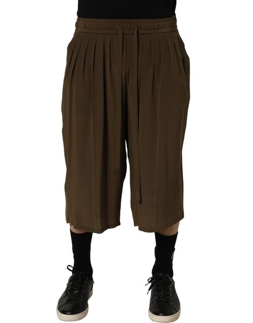 Pleated Silk Bermuda Shorts — Brown