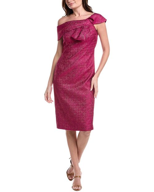 Pebble Jacquard Asymmetrical Bow Shoulder Dress