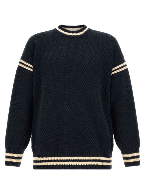 Waffle-Stitch Cotton with Striped Cuffs Sweater — Navy