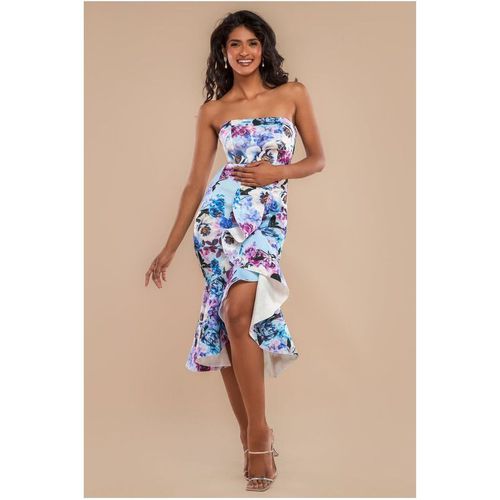 Goddiva Ruffled Floral Scuba Foam Bandeau Midi Dress - Blue