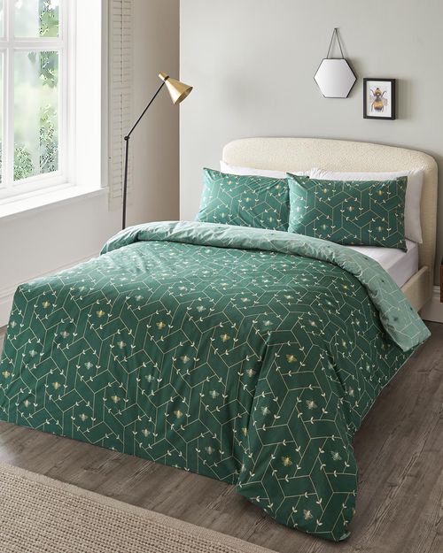 Ornate Bees Duvet Set in Green, Cotton/Polyester