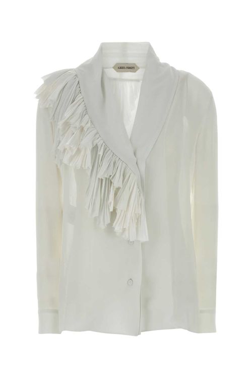 Ruffle-Trimmed Silk Dress — White