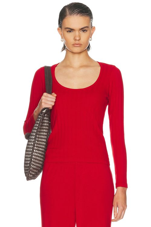 DONNI. The Varied Rib Long Sleeve Scoop Neck Tee in Red