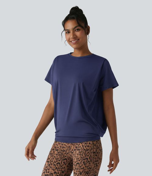 Round Neck Short Sleeve Ruched Cool Touch Yoga Sports Top-UPF50+ - Patriot Blue