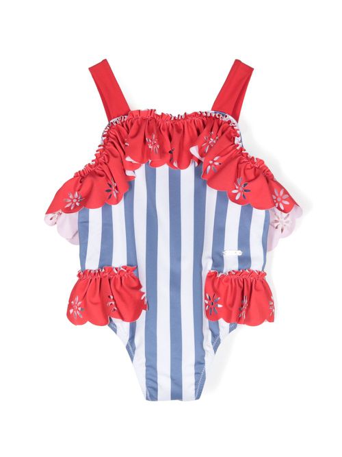 Striped ruffle-trim swimsuit - Blue