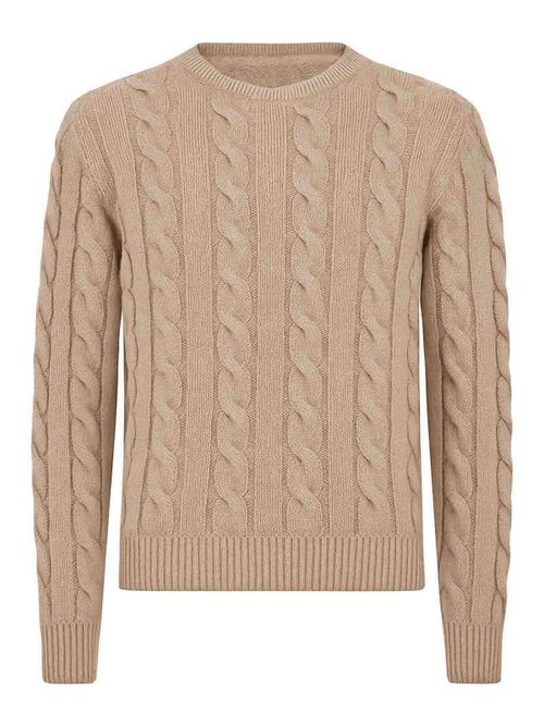 Beige Cashmere Cable Knit Crew Neck Sweater