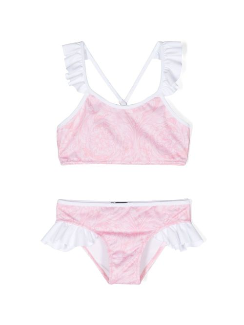 Barocco-print ruffled bikini set - Pink