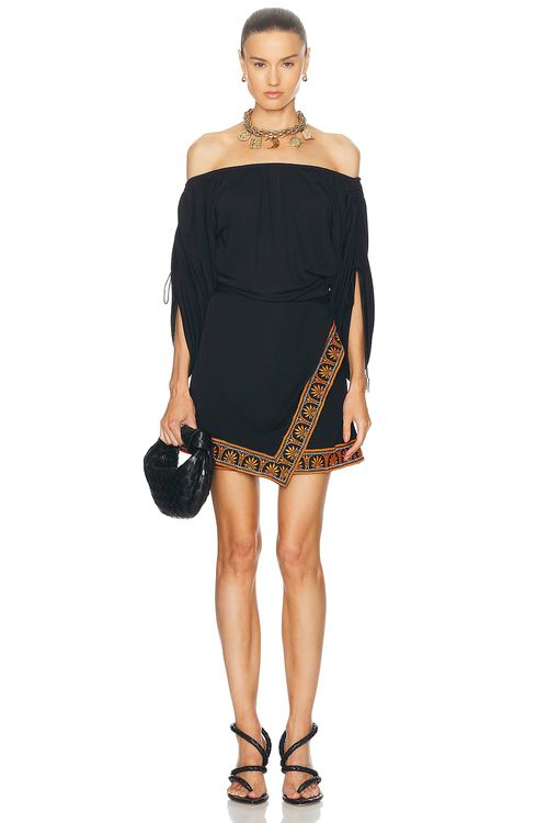 RABANNE Off The Shoulder Pleated Sleeves Dress in Black - Black. 40 also in