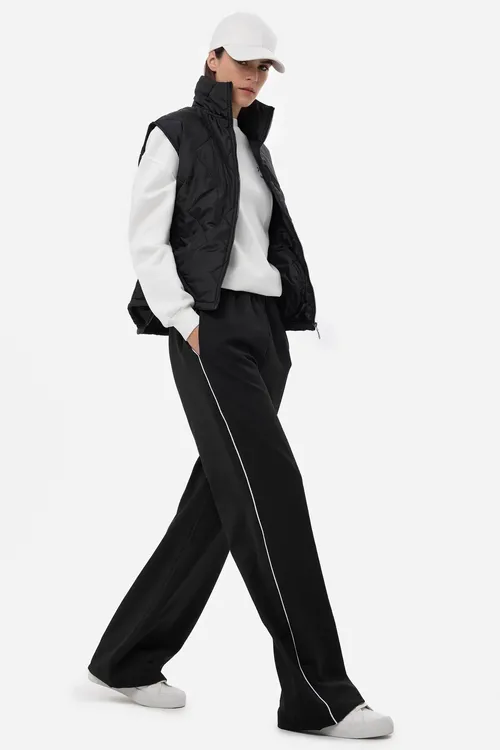 Black Wide-leg Elastic Waist Pants With Contrast Detail Women