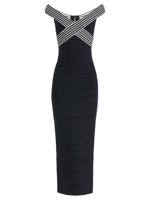 Knit Long Dress With Striped Bands