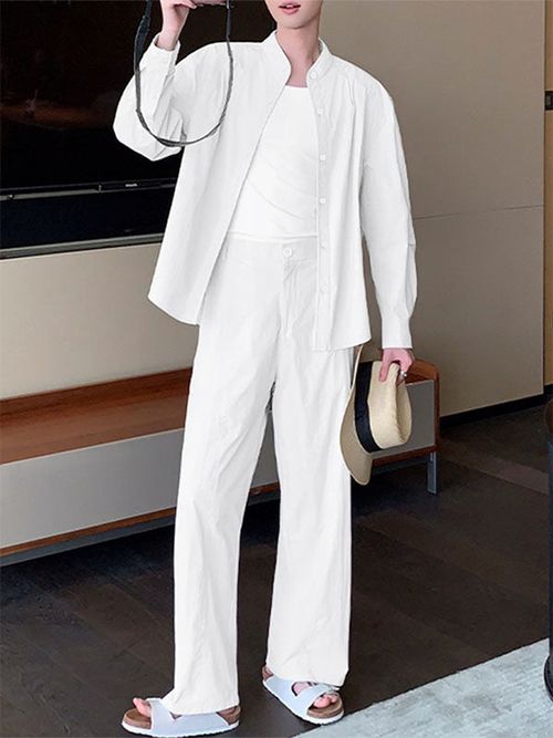 Men's Minimalist Solid Color Casual Two Pieces Outfit SKUL30478 - White / S
